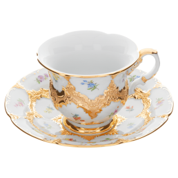 Kaffeetasse, Form "B-Form", Gestreute Blümchen, bunt, Goldbronze, leicht, V 0,16 l