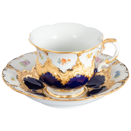Kaffeetasse, Form "B-Form", gestreute Blümchen, königsblau glasiert, Goldbronze, V 0,16 l