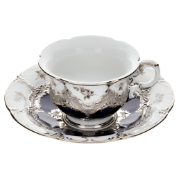 Espressotasse, Form "B-Form", Gestreute Röschen, weiß-grau, königsblau, Glanzplatin, V 0,1 l