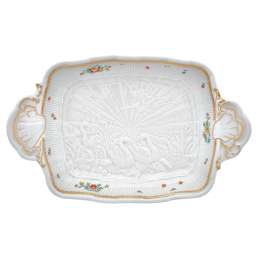 Beilagenschale, mittel, Form "Schwanendessin", Indische Blumenzweige, gestreute Blümchen, Goldkante, Goldrand, L 33,5 cm