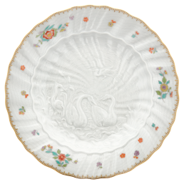 Vorspeise- und Dessertteller, Form "Schwanendessin", Indische Blumenzweige, gestreute Blümchen, Goldkante, Goldrand, Ø 20 cm