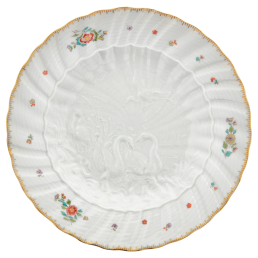 Speiseteller, Form "Schwanendessin", Indische Blumenzweige, gestreute Blümchen, Goldkante, Goldrand, ø 24,5 cm