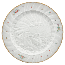 Platzteller, Form "Schwanendessin", Indische Blumenzweige, gestreute Blümchen, Goldkante, Goldrand, Ø 32 cm