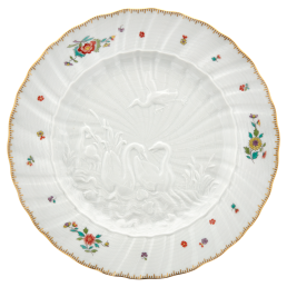 Speiseteller, Form "Schwanendessin", Indische Blumenzweige, gestreute Blümchen, Goldkante, Goldrand, ø 28 cm
