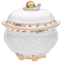 Zuckerdose, Form "Schwanendessin", Indische Blumenzweige, gestreute Blümchen, Goldkante, Goldrand, Ø 10,5 cm