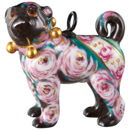 Hund Mopsanhänger, Schwarz mit Rosendekor, Goldenen Schellen, H 3,4 cm