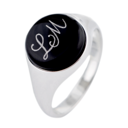 Master-Siegelring rund mit Monogramm (2 Buchstaben) in Platin auf schwarzem Fond, 925 Sterlingsilber
