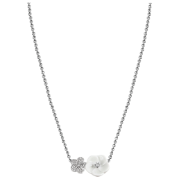 Collier Royal Blossom Pavé, 750 Weißgold, 2 Blüten M/S pavé,  1 Porzellanblüte M, 32 Brillanten 0,184 ct, TW, VSI, VS Gut, Länge 4