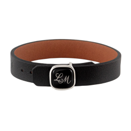 Lederarmband mit Monogramm (2 Buchstaben)  Platin auf schwarzem Grund