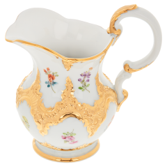 Milchkännchen, Form "B-Form", Gestreute Blümchen, bunt, Goldbronze, leicht, V 0,18 l
