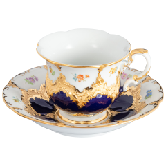 Kaffeetasse, Form "B-Form", gestreute Blümchen, königsblau glasiert, Goldbronze, V 0,16 l
