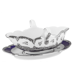 Sauciere, Form "B-Form", Gestreute Röschen, weiß-grau, königsblau, Glanzplatin, V 0,45 l