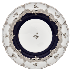 Speiseteller, Form "B-Form", Gestreute Röschen, weiß-grau, königsblau, Glanzplatin, ø 28 cm