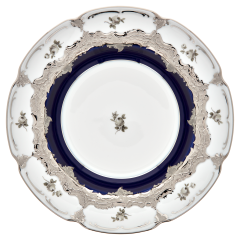 Suppenteller, Form "B-Form", Gestreute Röschen, weiß-grau, königsblau, Glanzplatin, ø 24 cm