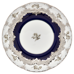 Brotteller, Form "B-Form", Gestreute Röschen, weiß-grau, königsblau, Glanzplatin, Ø 15,5 cm