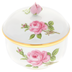 Zuckerdose, Form "Neuer Ausschnitt", Rose mitte, bunt, Goldrand, Ø 9 cm