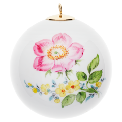 Baumschmuck Kugel, Vintage Blume 2, Heckenrose, Goldrand, Ø 5 cm