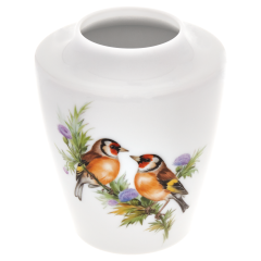 Vase, klein, Form "MEISSEN® Cosmopolitan", Vogelmalerei, 3 Stieglitze auf Distelzweig, H 13,5 cm