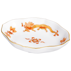 Schälchen, Form "Neuer Ausschnitt", Reicher Drache, rot, goldschattiert, Goldrand, L 12 cm