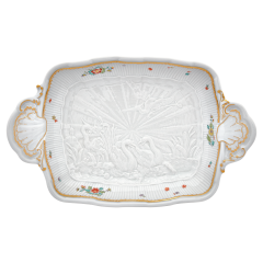 Beilagenschale, mittel, Form "Schwanendessin", Indische Blumenzweige, gestreute Blümchen, Goldkante, Goldrand, L 33,5 cm
