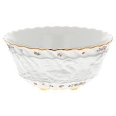Schüssel, mittel, Form "Schwanendessin", Indische Blumenzweige, gestreute Blümchen, Goldkante, Goldrand, Ø 18 cm