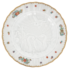 Brotteller, Form "Schwanendessin", Indische Blumenzweige, gestreute Blümchen, Goldkante, Goldrand, Ø 16,5 cm