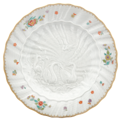 Vorspeise- und Dessertteller, Form "Schwanendessin", Indische Blumenzweige, gestreute Blümchen, Goldkante, Goldrand, Ø 20 cm