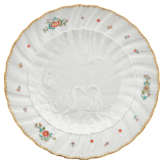 Speiseteller, Form "Schwanendessin", Indische Blumenzweige, gestreute Blümchen, Goldkante, Goldrand, ø 24,5 cm