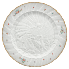 Platzteller, Form "Schwanendessin", Indische Blumenzweige, gestreute Blümchen, Goldkante, Goldrand, Ø 32 cm