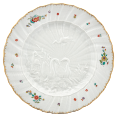 Speiseteller, Form "Schwanendessin", Indische Blumenzweige, gestreute Blümchen, Goldkante, Goldrand, ø 28 cm