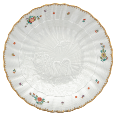 Suppenteller, Form "Schwanendessin", Indische Blumenzweige, gestreute Blümchen, Goldkante, Goldrand, ø 25 cm
