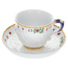 Espressotasse, Form "Schwanendessin", Indische Blumenzweige, gestreute Blümchen, Goldkante, Goldrand, V 0,1 l
