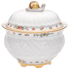 Zuckerdose, Form "Schwanendessin", Indische Blumenzweige, gestreute Blümchen, Goldkante, Goldrand, Ø 10,5 cm