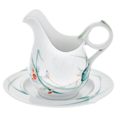 Sauciere, Form "Wellenspiel Relief", Waldflora mit Insekten, bunt, weißer Rand, V 0,45 l