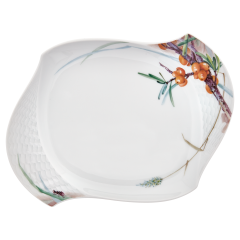 Platte, oval, Form "Wellenspiel Relief", Waldflora mit Insekten, bunt, weißer Rand, L 25,5 cm