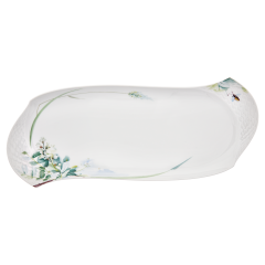 Platte, eckig, Form "Wellenspiel Relief", Waldflora mit Insekten, bunt, weißer Rand, L 43 cm