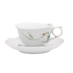 Teetasse, Form "Wellenspiel Relief", Waldflora mit Insekten, bunt, weißer Rand, V 0,15 l