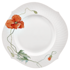 Speiseteller, Form "Wellenspiel Relief", Blumenmalerei "Wilder Mohn", rot, weißer Rand, Ø 28,5 cm