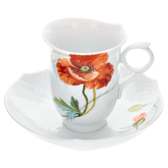 Kaffeetasse, Form "Wellenspiel Relief", Blumenmalerei "Wilder Mohn", rot, weißer Rand, V 0,15 l