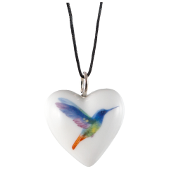 Anhänger Herz groß, Weißgold, Kolibri, bunt, 2,4 x 2 cm