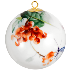 Baumschmuck Kugel, Waldflora mit Insekten, Schneeballfrüchte, weißer Rand, Ø 5 cm