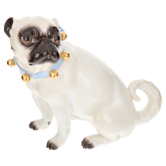 Hund Mops, mit Schellen, Bunt und gold staffiert, H 18 cm