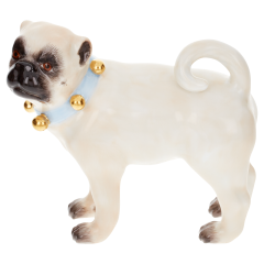 Hund Mops, mit Schellen, Bunt und gold staffiert, H 7 cm