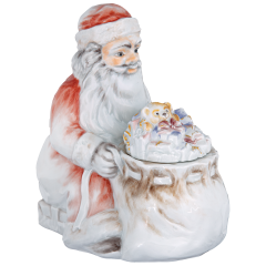 Weihnachtsmann, sitzend mit Geschenksack, Bunt und gold staffiert, H 13,5 cm