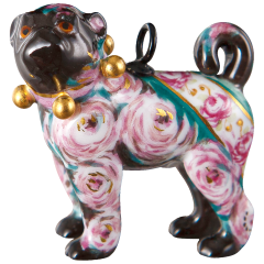 Hund Mopsanhänger, Schwarz mit Rosendekor, Goldenen Schellen, H 3,4 cm