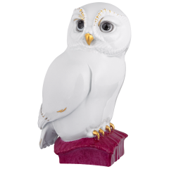 Vogel Eule, Purpur und Gold staffiert, H 15,5 cm