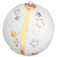 Baumschmuck Kugel Reliefsterne, Glanzgold und Glanzplatin, weißer Rand, Ø 7 cm
