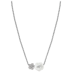 Collier Royal Blossom Pavé, 750 Weißgold, 2 Blüten M/S pavé,  1 Porzellanblüte M, 32 Brillanten 0,184 ct, TW, VSI, VS Gut, Länge 4