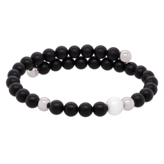Armreif Pearl Collection Onyx, asymmetrisch, 1 Porzella-Perle 8 mm, 4 Perlen 6 mm 925 Sterlingsilber, 32 Onyx Perlen 6 mm