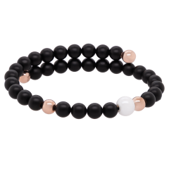 Armreif Pearl Collection Onyx, asymmetrisch, 1 Porzellan-Perle 8 mm, 4 Perlen 6 mm 925 Silber rosé vergoldet, 32 Onyx-Perlen 6 mm